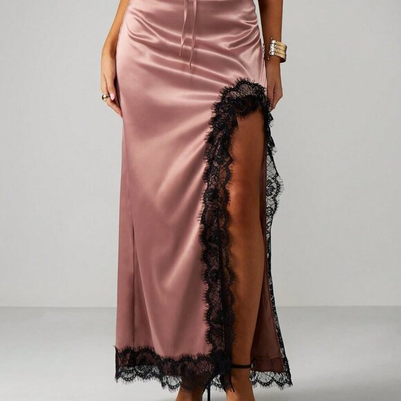 Dusty Pink Sexy Women's Lace Trim Halter Neck Cami Top & Maxi Skirt Set - Picture 4 of 6